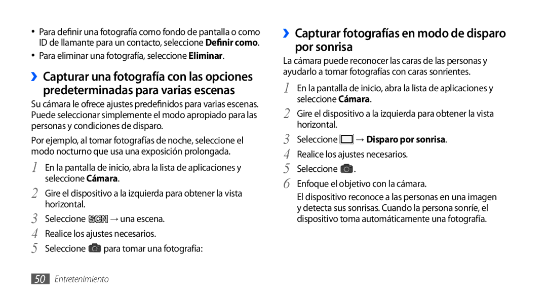 Samsung GT-S5830UWAFOP, GT-S5830UWAXEC manual ››Capturar fotografías en modo de disparo por sonrisa, Seleccione Cámara 