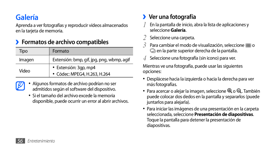 Samsung GT-S5830PPAXEC manual Galería, ››Formatos de archivo compatibles, ››Ver una fotografía, Tipo Formato Imagen 