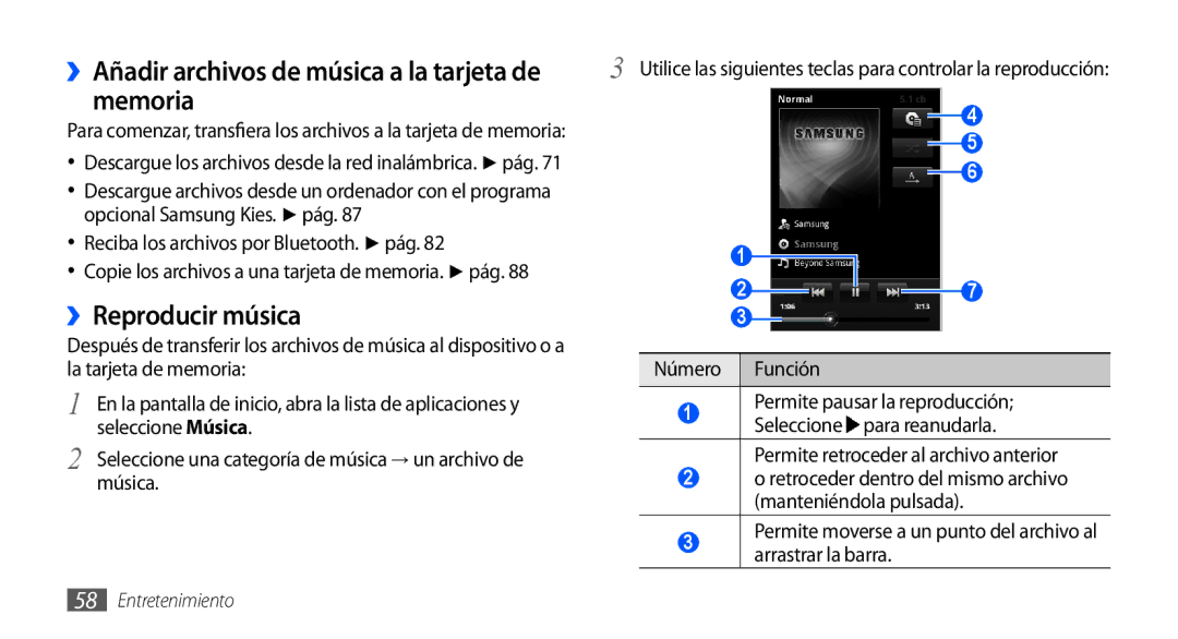 Samsung GT-S5830OKAYOG, GT-S5830UWAXEC manual Memoria, ››Reproducir música, ››Añadir archivos de música a la tarjeta de 