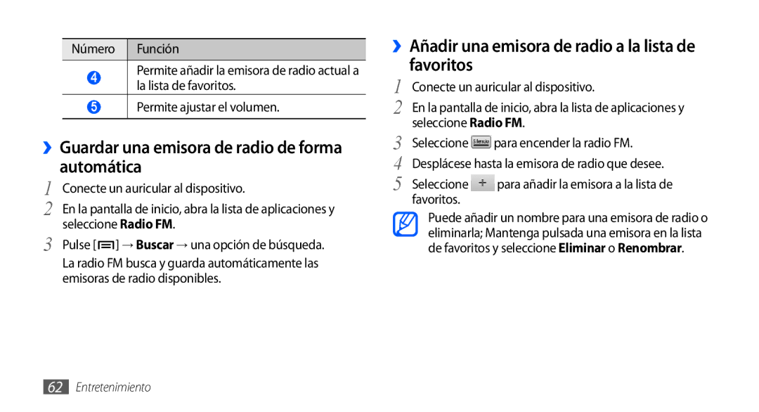 Samsung GT-S5830PPAYOG manual ››Guardar una emisora de radio de forma automática, Permite ajustar el volumen, Favoritos 