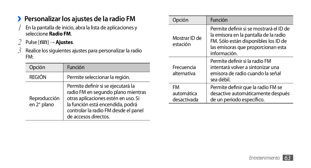 Samsung GT-S5830OKAAMN, GT-S5830UWAXEC, GT-S5830RWAATL, GT-S5830PPAYOG manual ››Personalizar los ajustes de la radio FM 