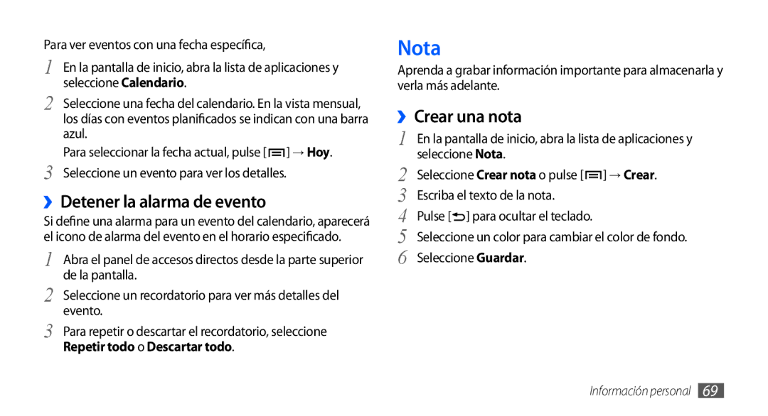 Samsung GT-S5830PPAATL Nota, ››Detener la alarma de evento, ››Crear una nota, Seleccione un evento para ver los detalles 