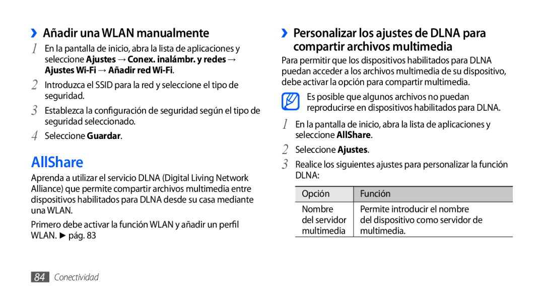 Samsung GT-S5830UWAATL, GT-S5830UWAXEC, GT-S5830RWAATL, GT-S5830PPAYOG AllShare, ››Añadir una Wlan manualmente, Multimedia 