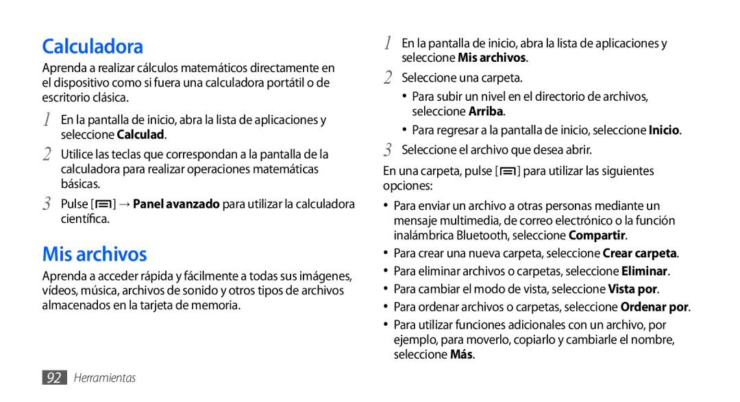 Samsung GT-S5830RWAFOP manual Calculadora, Mis archivos, En una carpeta, pulse para utilizar las siguientes opciones 