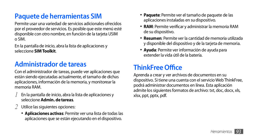 Samsung GT-S5830RWAAMN, GT-S5830UWAXEC manual Paquete de herramientas SIM, Administrador de tareas, ThinkFree Office 