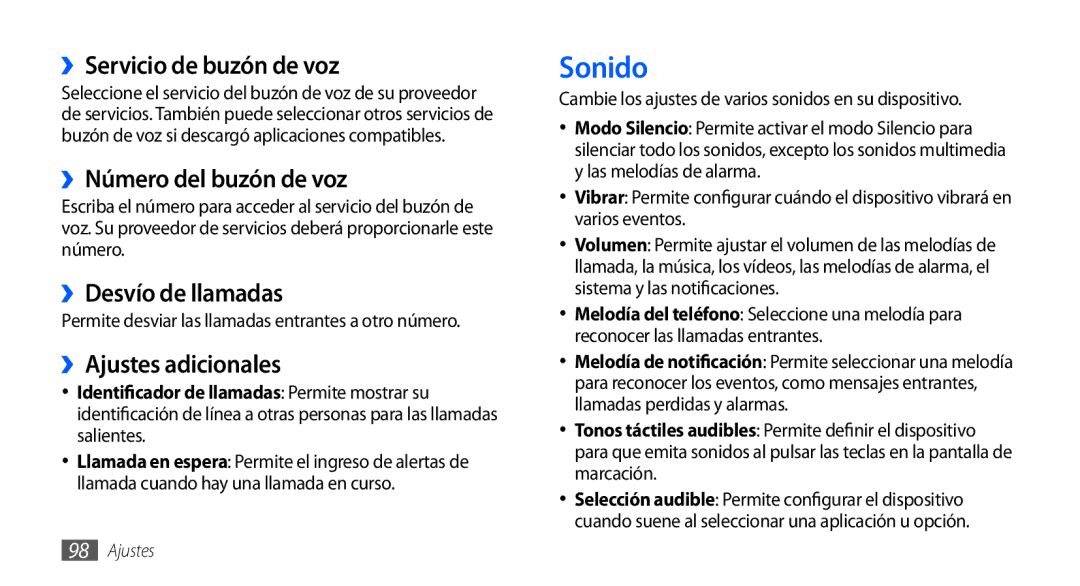 Samsung GT-S5830OKAYOG, GT-S5830UWAXEC Sonido, ››Servicio de buzón de voz, ››Número del buzón de voz, ››Desvío de llamadas 