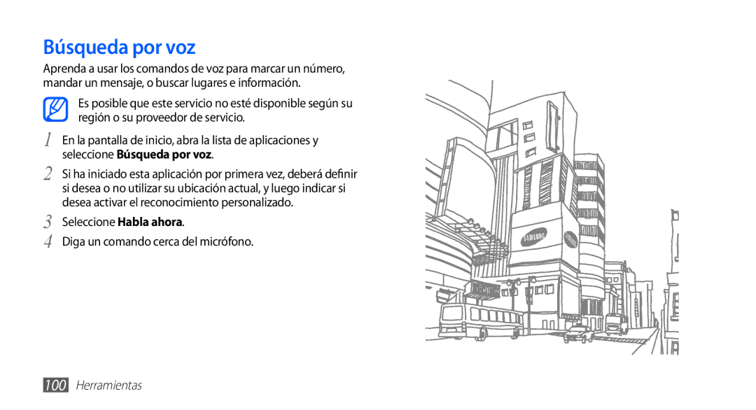 Samsung GT-S5830UWAXEC, GT-S5830RWAATL manual Búsqueda por voz, Seleccione Habla ahora Diga un comando cerca del micrófono 