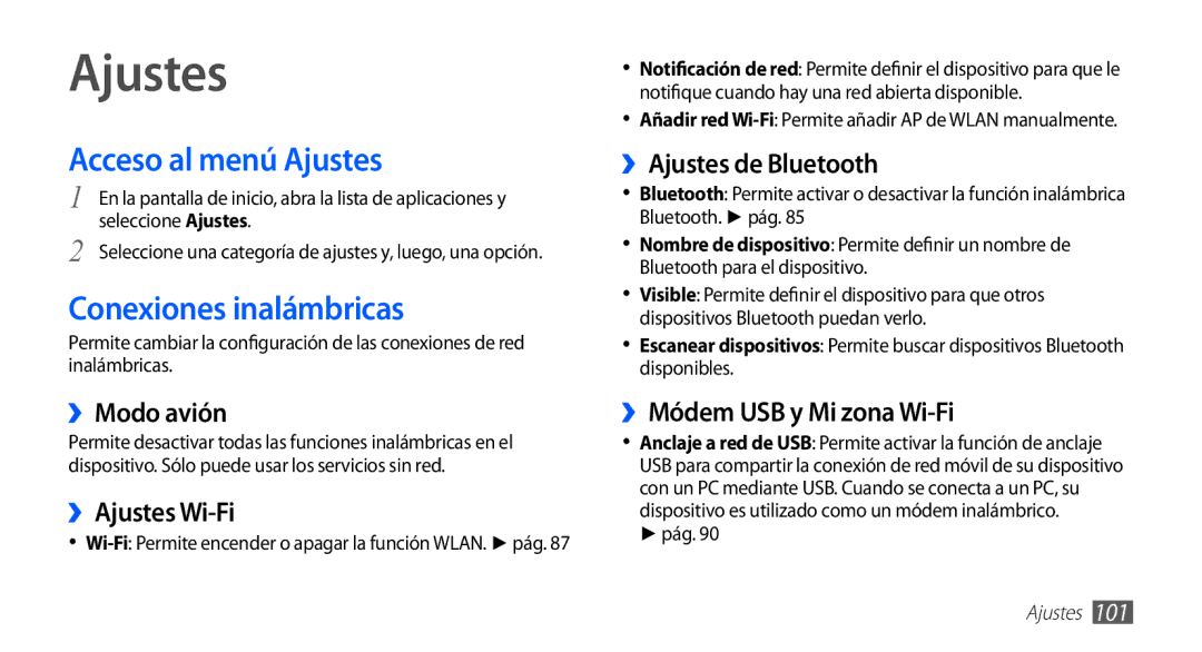 Samsung GT-S5830RWAATL, GT-S5830UWAXEC, GT-S5830PPAYOG, GT-S5830OKAAMN Acceso al menú Ajustes, Conexiones inalámbricas 