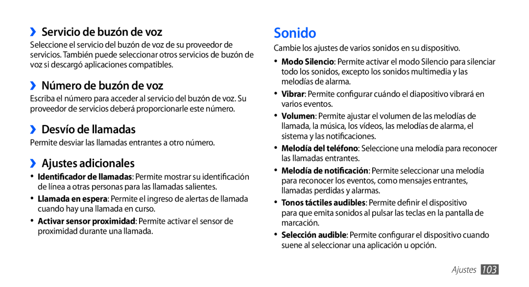 Samsung GT-S5830OKAAMN, GT-S5830UWAXEC Sonido, ››Servicio de buzón de voz, ››Número de buzón de voz, ››Desvío de llamadas 