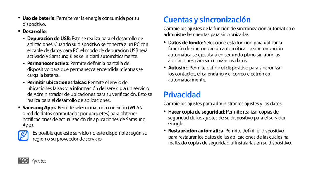 Samsung GT-S5830PPAFOP, GT-S5830UWAXEC, GT-S5830RWAATL, GT-S5830PPAYOG manual Cuentas y sincronización, Privacidad, Desarrollo 