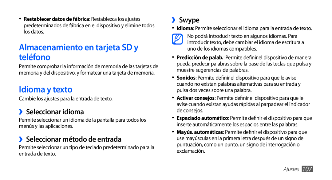 Samsung GT-S5830OKAATL manual Almacenamiento en tarjeta SD y teléfono, Idioma y texto, ››Seleccionar idioma, ››Swype 