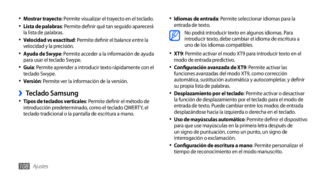 Samsung GT-S5830OKAFOP, GT-S5830UWAXEC, GT-S5830RWAATL, GT-S5830PPAYOG, GT-S5830OKAAMN, GT-S5830UWAATL manual ››Teclado Samsung 