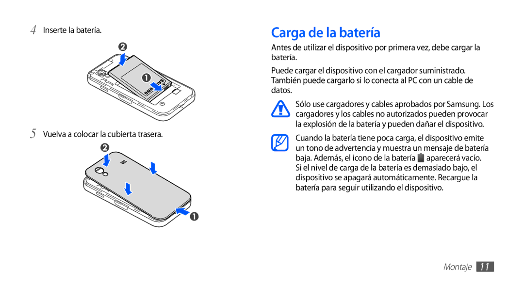 Samsung GT-S5830OKYFOP, GT-S5830UWAXEC manual Carga de la batería, Inserte la batería Vuelva a colocar la cubierta trasera 