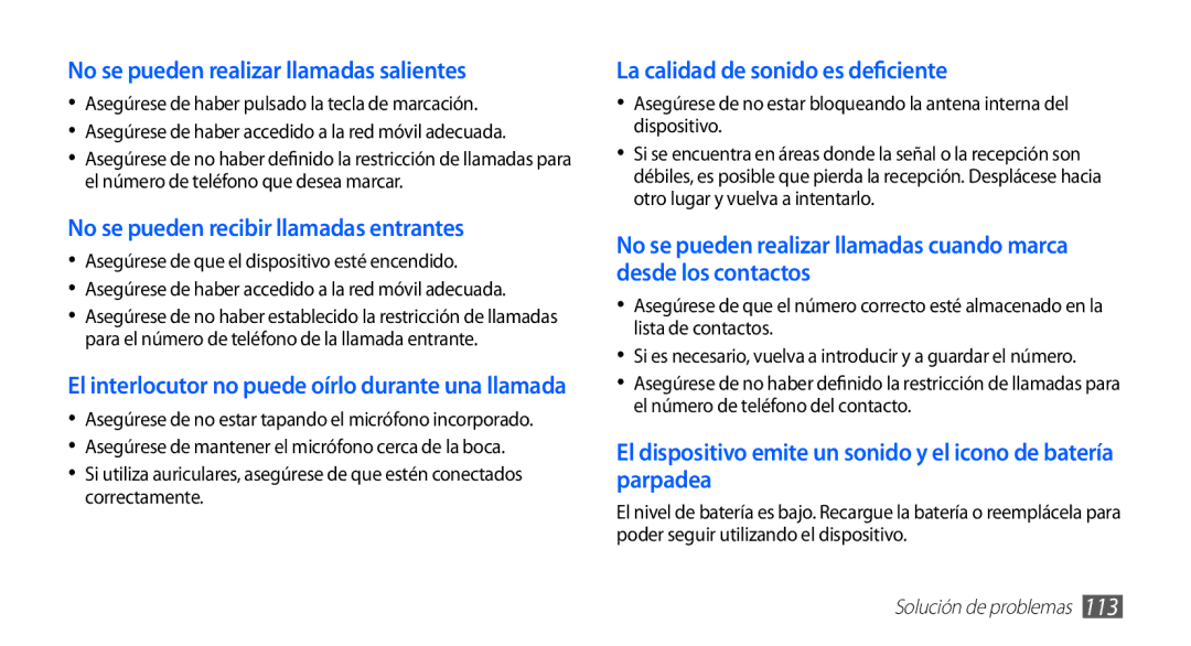 Samsung GT-S5830RWAAMN, GT-S5830UWAXEC, GT-S5830RWAATL, GT-S5830PPAYOG manual No se pueden realizar llamadas salientes 