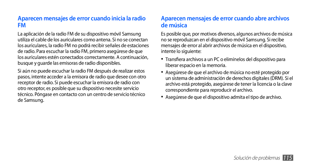 Samsung GT-S5830UWAAMN, GT-S5830UWAXEC, GT-S5830RWAATL, GT-S5830PPAYOG Aparecen mensajes de error cuando inicia la radio 