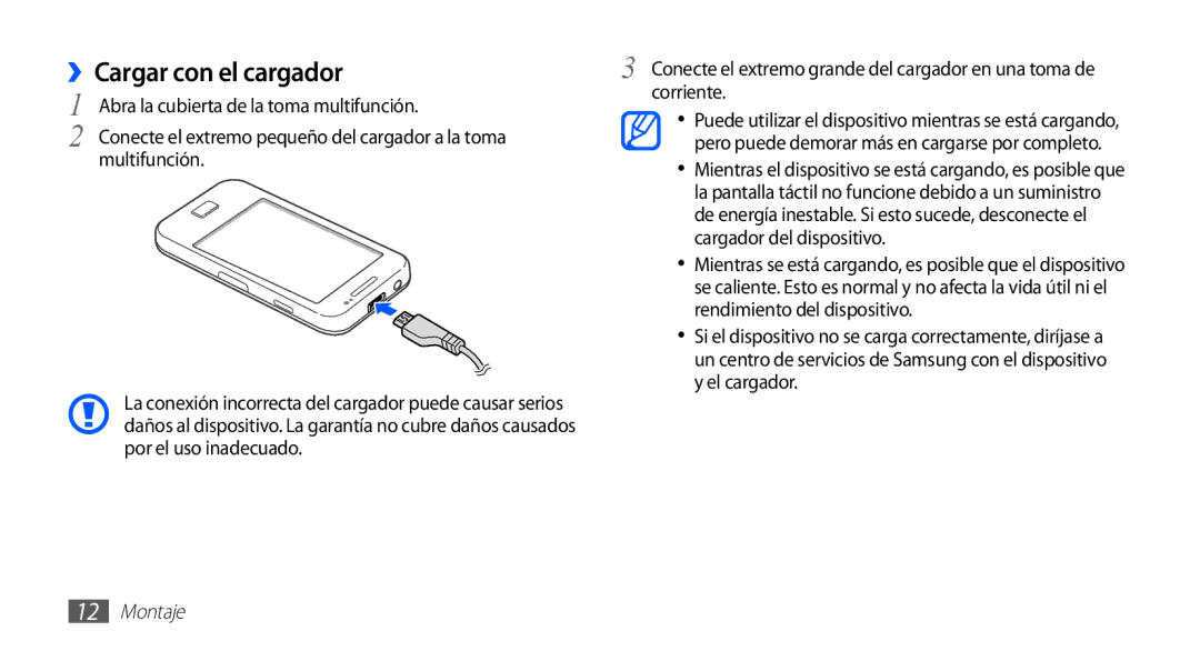 Samsung GT-S5830RWAFOP manual ››Cargar con el cargador, Abra la cubierta de la toma multifunción Corriente, Multifunción 