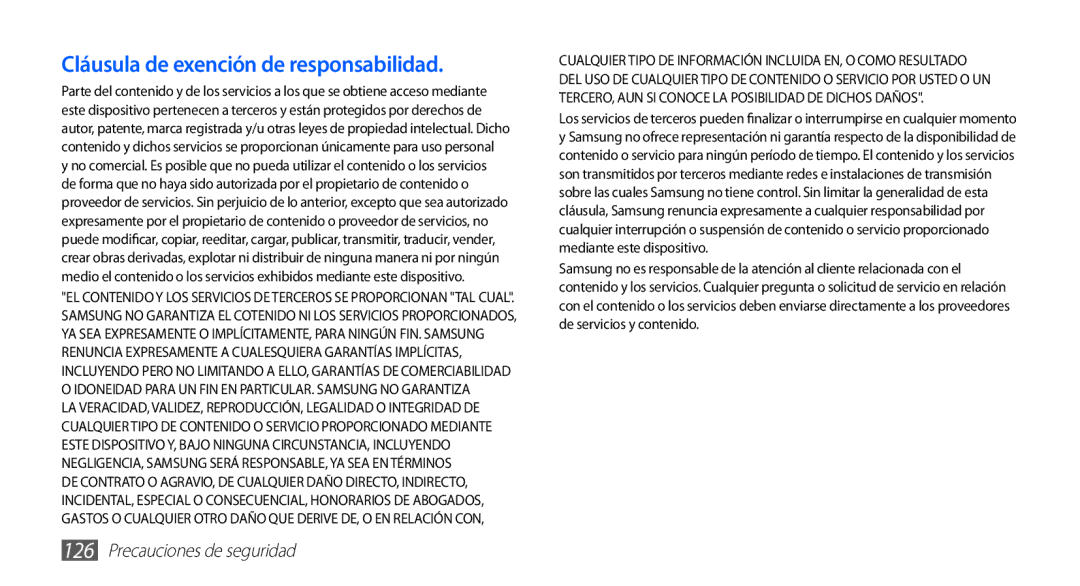 Samsung GT-S5830PPAFOP, GT-S5830UWAXEC, GT-S5830RWAATL, GT-S5830PPAYOG manual Cláusula de exención de responsabilidad 