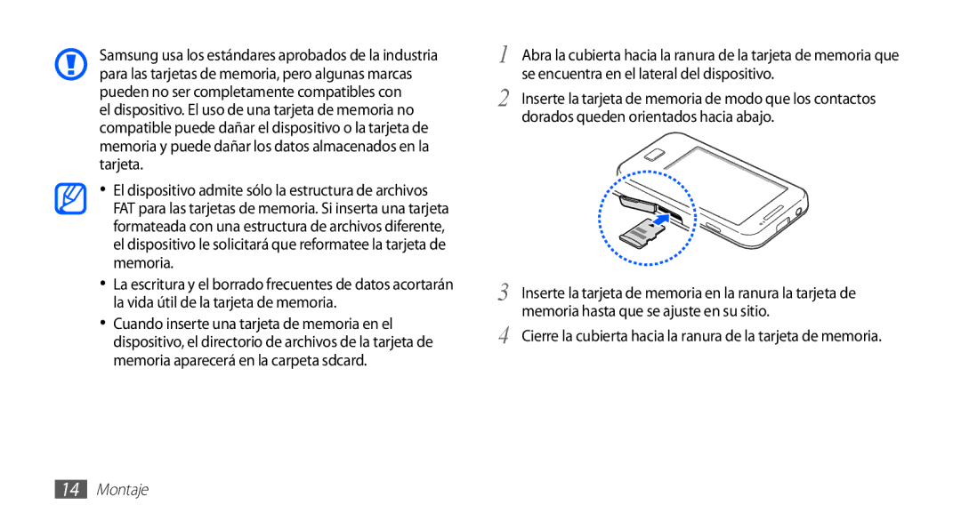 Samsung GT-S5830OKAXEC, GT-S5830UWAXEC, GT-S5830RWAATL manual Cierre la cubierta hacia la ranura de la tarjeta de memoria 