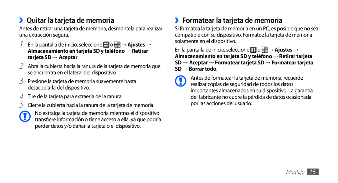 Samsung GT-S5830UWAAMN manual ››Quitar la tarjeta de memoria, ››Formatear la tarjeta de memoria, Tarjeta SD → Aceptar 