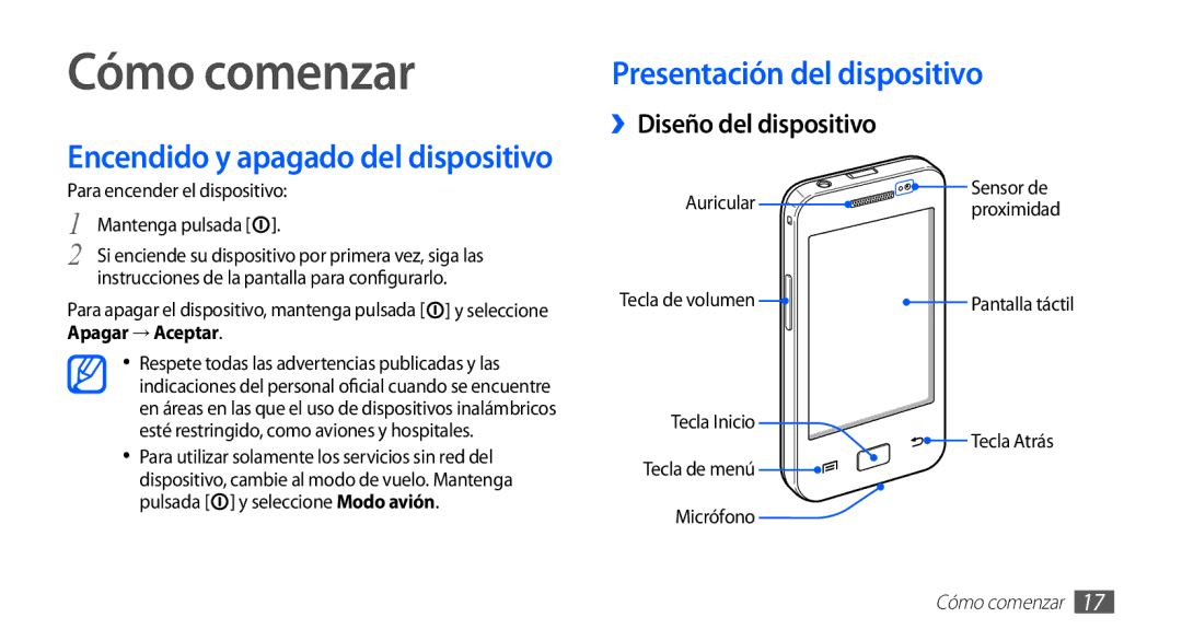 Samsung GT-S5830PPAAMN, GT-S5830UWAXEC manual Cómo comenzar, Presentación del dispositivo, ››Diseño del dispositivo 