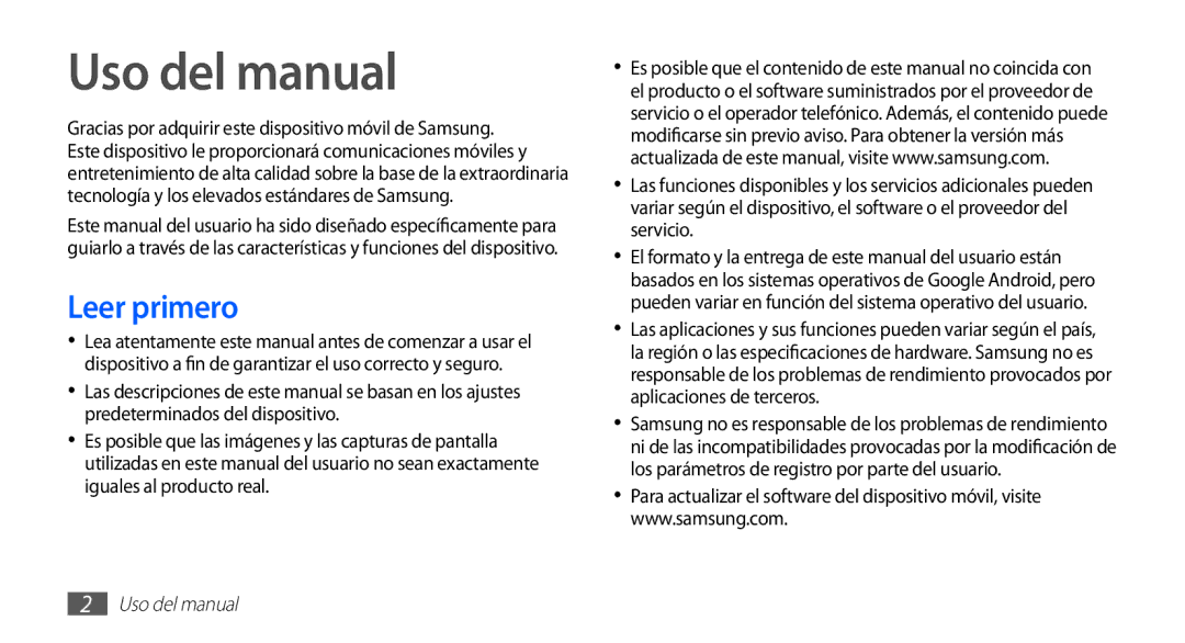 Samsung GT-S5830PPAYOG, GT-S5830UWAXEC, GT-S5830RWAATL, GT-S5830OKAAMN, GT-S5830UWAATL Uso del manual, Leer primero 