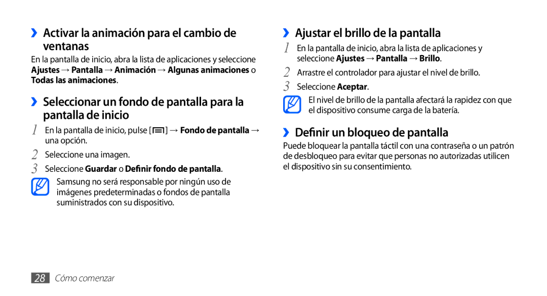 Samsung GT-S5830OKAFOP manual ››Activar la animación para el cambio de ventanas, ››Ajustar el brillo de la pantalla 