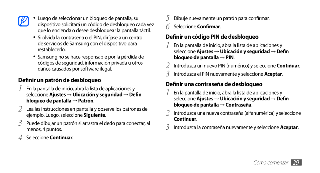 Samsung GT-S5830PPAATL manual Dibuje nuevamente un patrón para confirmar, Seleccione Confirmar, Bloqueo de pantalla → PIN 