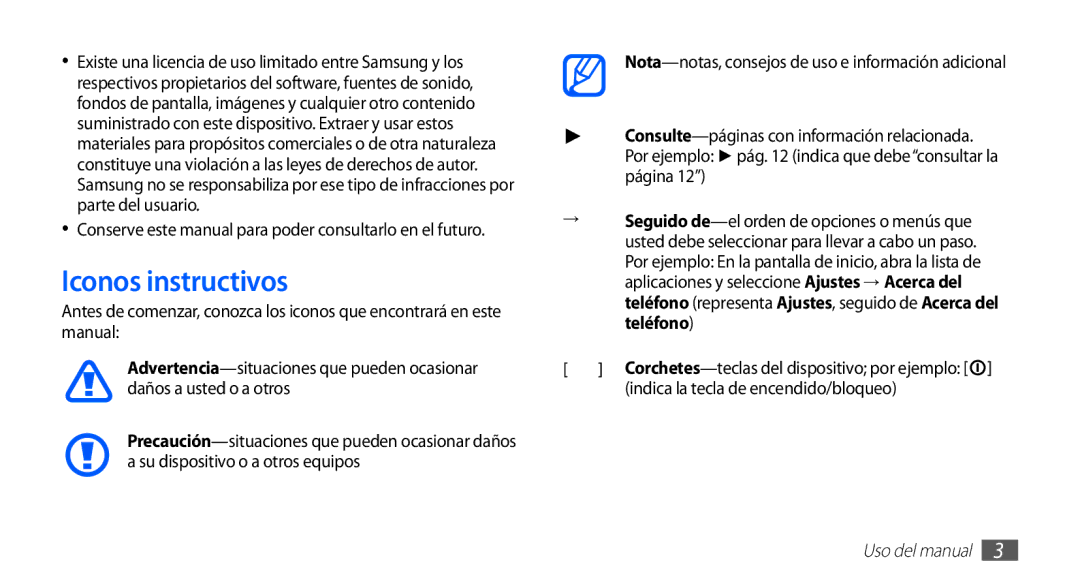 Samsung GT-S5830OKAAMN, GT-S5830UWAXEC, GT-S5830RWAATL manual Iconos instructivos, Indica la tecla de encendido/bloqueo 