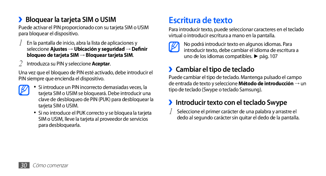 Samsung GT-S5830UWAFOP, GT-S5830UWAXEC Escritura de texto, ››Bloquear la tarjeta SIM o Usim, ››Cambiar el tipo de teclado 