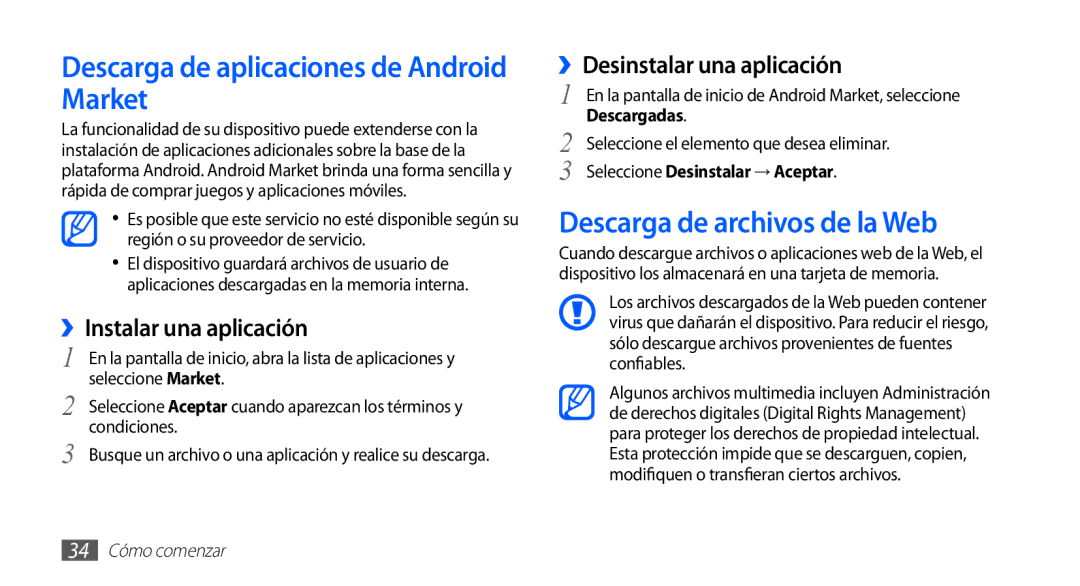 Samsung GT-S5830OKAXEC, GT-S5830UWAXEC manual Descarga de aplicaciones de Android Market, Descarga de archivos de la Web 