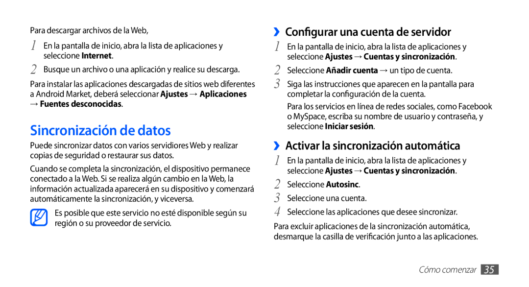 Samsung GT-S5830UWAAMN manual Sincronización de datos, ››Configurar una cuenta de servidor, → Fuentes desconocidas 