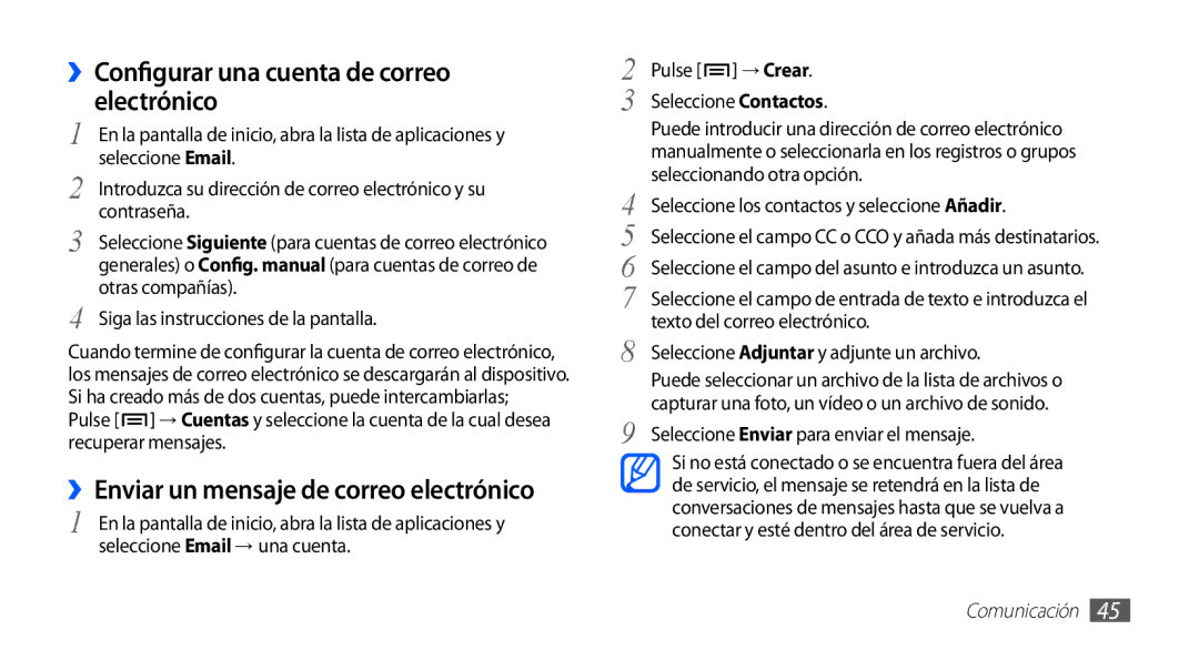 Samsung GT-S5830RWAYOG, GT-S5830UWAXEC ››Configurar una cuenta de correo electrónico, Pulse → Crear Seleccione Contactos 