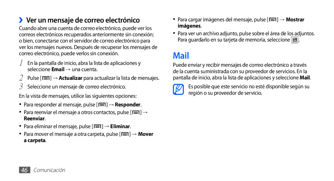 Samsung GT-S5830PPAFOP, GT-S5830UWAXEC, GT-S5830RWAATL, GT-S5830PPAYOG manual Mail, ››Ver un mensaje de correo electrónico 