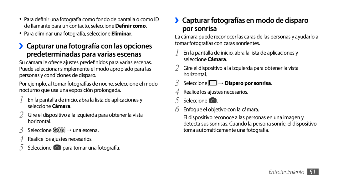 Samsung GT-S5830OKYFOP ››Capturar fotografías en modo de disparo por sonrisa, Seleccione Cámara, Horizontal Seleccione 