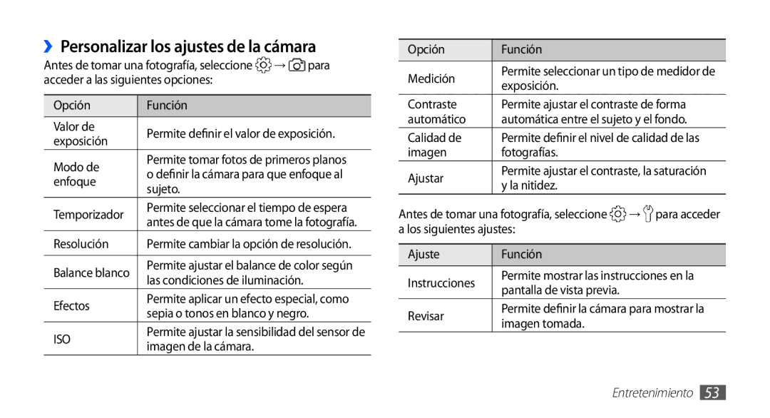 Samsung GT-S5830RWAAMN, GT-S5830UWAXEC, GT-S5830RWAATL, GT-S5830PPAYOG manual ››Personalizar los ajustes de la cámara 