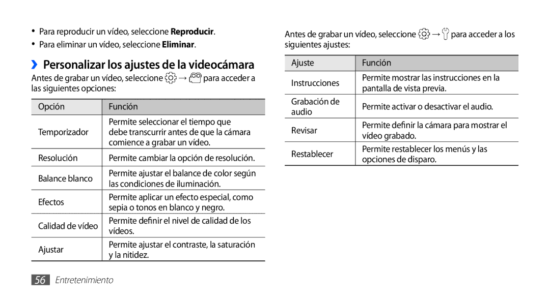 Samsung GT-S5830PPAXEC Comience a grabar un vídeo, Las condiciones de iluminación, Vídeos Ajustar, Grabación de, Audio 