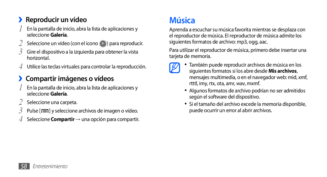 Samsung GT-S5830OKAYOG, GT-S5830UWAXEC, GT-S5830RWAATL manual Música, ››Reproducir un vídeo, ››Compartir imágenes o vídeos 