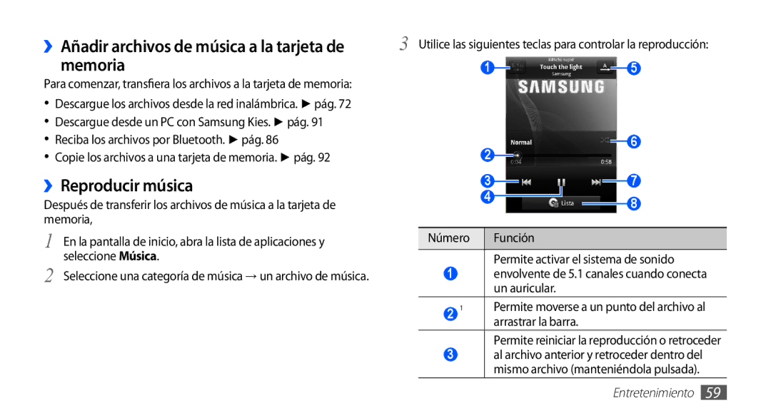 Samsung GT-S5830RWAXEC, GT-S5830UWAXEC manual ››Añadir archivos de música a la tarjeta de memoria, ››Reproducir música 