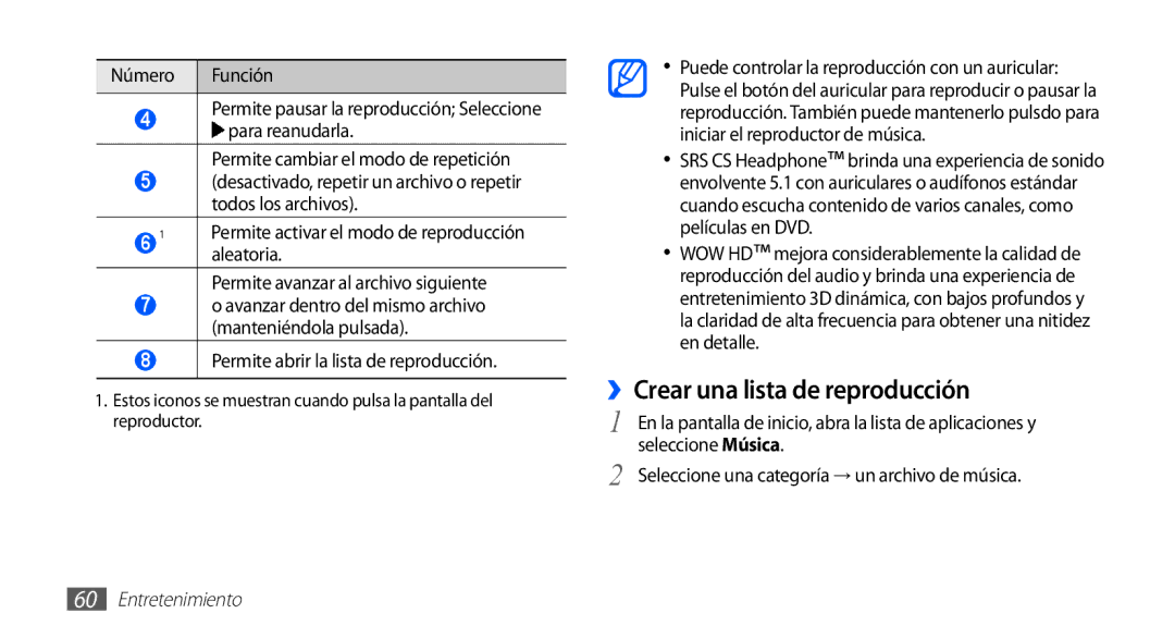 Samsung GT-S5830UWAXEC manual ››Crear una lista de reproducción, Número Función, Permite abrir la lista de reproducción 