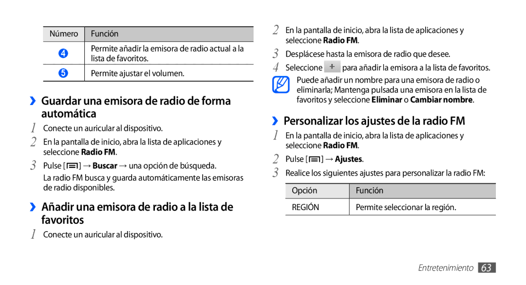 Samsung GT-S5830OKAAMN manual ››Guardar una emisora de radio de forma automática, ››Personalizar los ajustes de la radio FM 