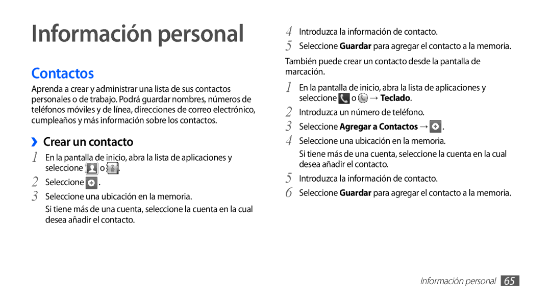 Samsung GT-S5830RWAYOG manual Contactos, ››Crear un contacto, → Teclado, Desea añadir el contacto, Información personal 