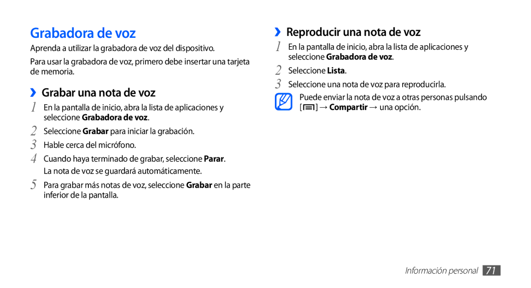 Samsung GT-S5830OKYFOP, GT-S5830UWAXEC manual Grabadora de voz, ››Grabar una nota de voz, ››Reproducir una nota de voz 