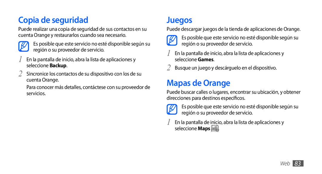 Samsung GT-S5830OKAAMN, GT-S5830UWAXEC, GT-S5830RWAATL, GT-S5830PPAYOG manual Copia de seguridad, Juegos, Mapas de Orange 