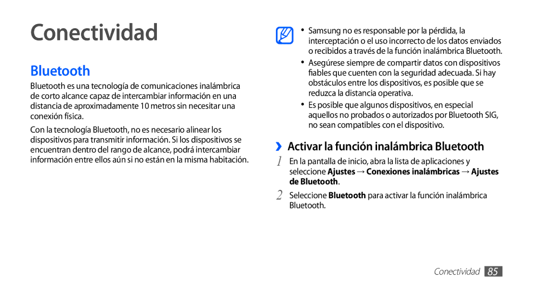 Samsung GT-S5830RWAYOG, GT-S5830UWAXEC manual Conectividad, ››Activar la función inalámbrica Bluetooth, De Bluetooth 