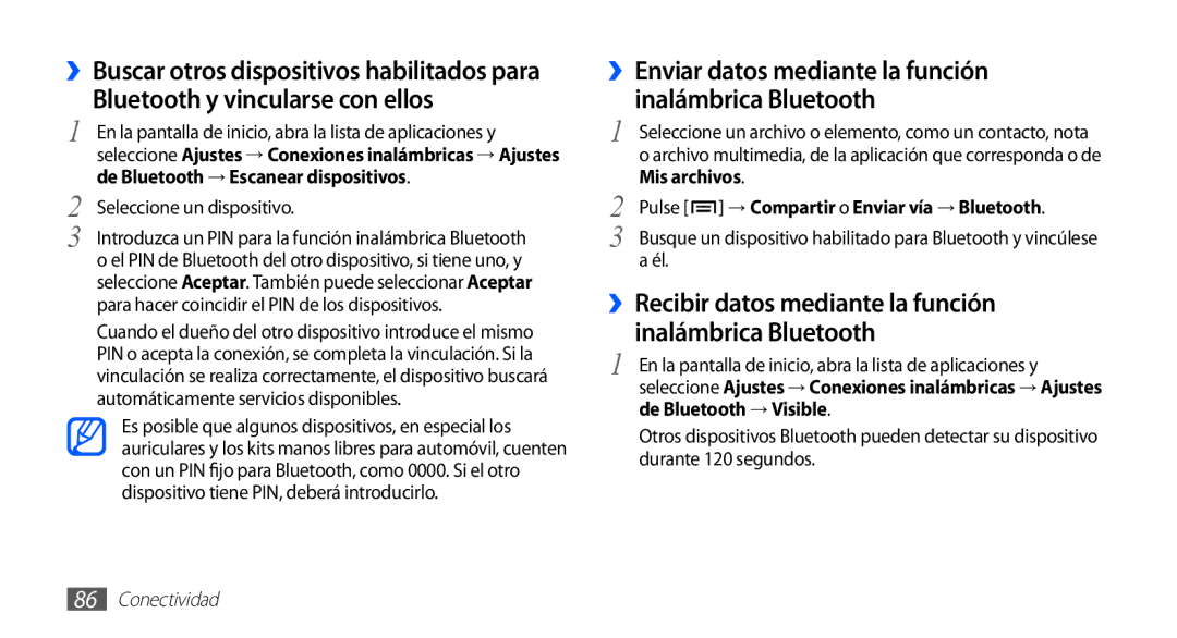 Samsung GT-S5830PPAFOP manual Bluetooth y vincularse con ellos, ››Recibir datos mediante la función, Inalámbrica Bluetooth 