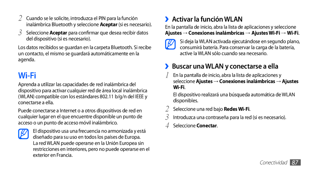 Samsung GT-S5830OKAATL, GT-S5830UWAXEC manual Wi-Fi, ››Activar la función Wlan, ››Buscar una Wlan y conectarse a ella 