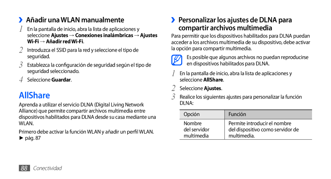 Samsung GT-S5830OKAFOP, GT-S5830UWAXEC, GT-S5830RWAATL, GT-S5830PPAYOG AllShare, ››Añadir una Wlan manualmente, Multimedia 