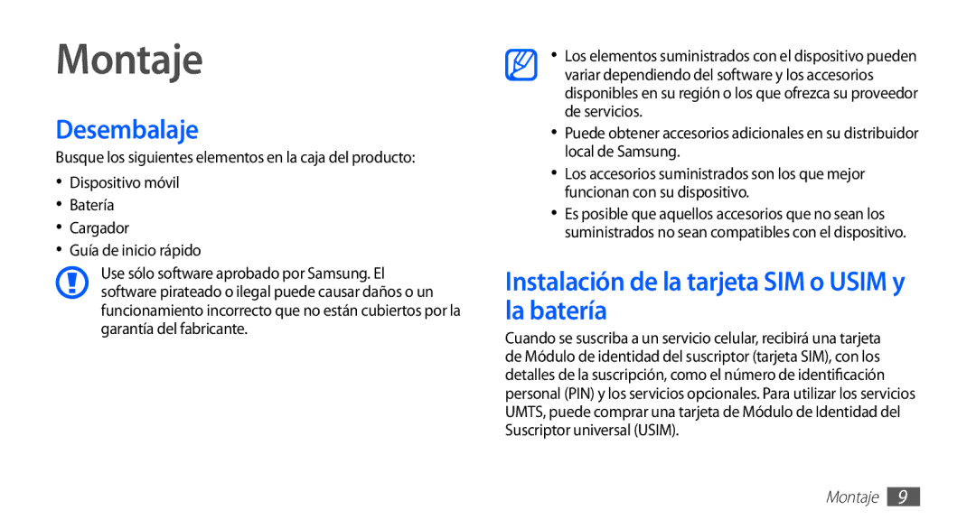 Samsung GT-S5830PPAATL, GT-S5830UWAXEC manual Montaje, Desembalaje, Instalación de la tarjeta SIM o Usim y la batería 