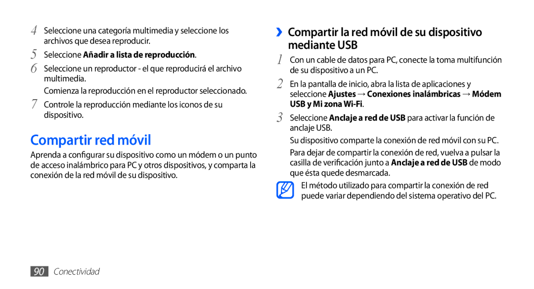 Samsung GT-S5830UWAFOP Compartir red móvil, ››Compartir la red móvil de su dispositivo mediante USB, USB y Mi zona Wi-Fi 