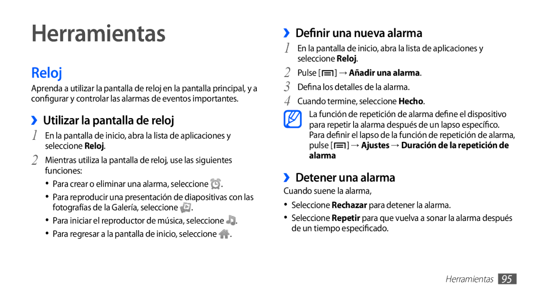 Samsung GT-S5830UWAAMN manual Herramientas, Reloj, ››Utilizar la pantalla de reloj, ››Definir, ››Detener una alarma 